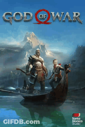 A Poster For God Of War Shows A Man And A Boy In A Boat GIF