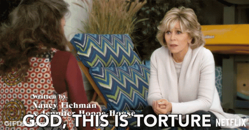 A Poster For God This Is Torture Shows Two Women Sitting In Chairs GIF