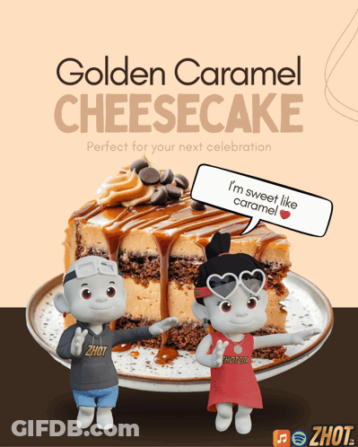 A Poster For Golden Caramel Cheesecake With Two Cartoon Characters On It GIF