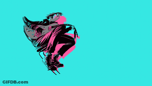 A Poster For Gorillaz The Now Now Shows A Man Holding A Guitar GIF