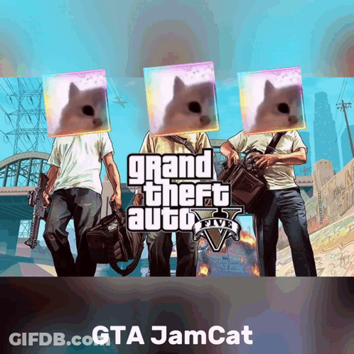 A Poster For Grand Theft Auto 5 Shows Three Men With Cats On Their Faces GIF
