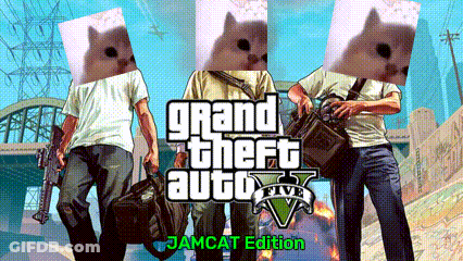 A Poster For Grand Theft Auto 5 Shows Three Men With Cats On Their Heads GIF