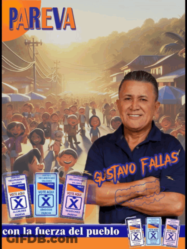 A Poster For Gustavo Fallas Shows A Man In Front Of A Crowd GIF