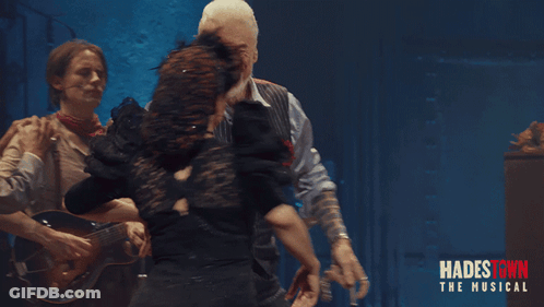 A Poster For Hadestown The Musical Shows Three People Dancing GIF