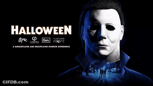 A Poster For Halloween Shows A Man With A Mask On GIF