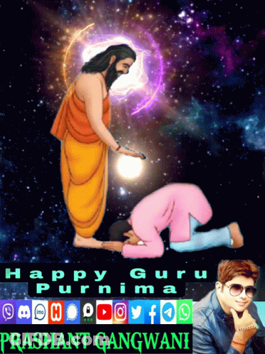 A Poster For Happy Guru Purnima With A Man Kneeling Down GIF