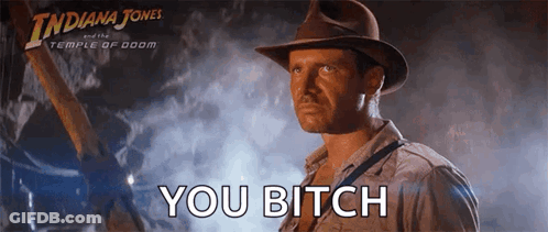 A Poster For Indiana Jones And The Temple Of Doom Shows A Man In A Hat Saying You Bitch GIF