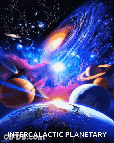 A Poster For Intergalactic Planetary Showing Planets And A Galaxy GIF