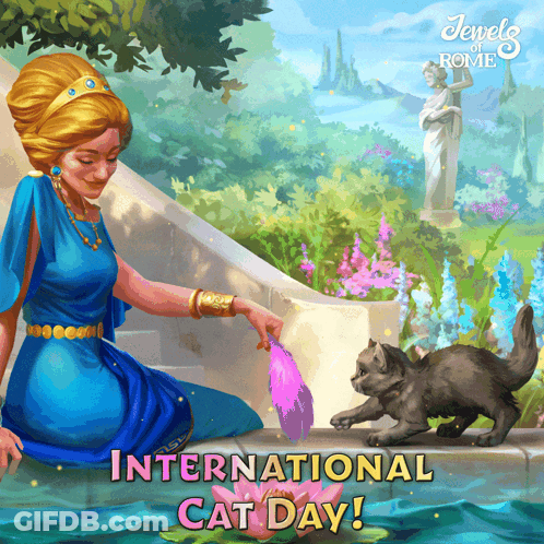 A Poster For International Cat Day With A Woman And Cat GIF