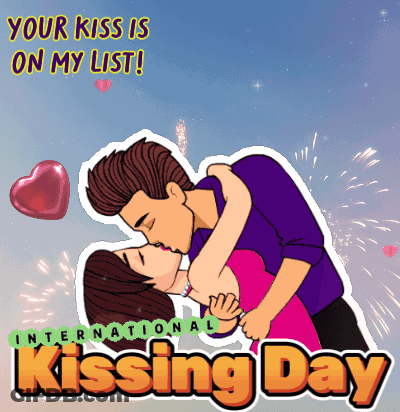 A Poster For International Kissing Day With A Man And Woman Kissing On It GIF