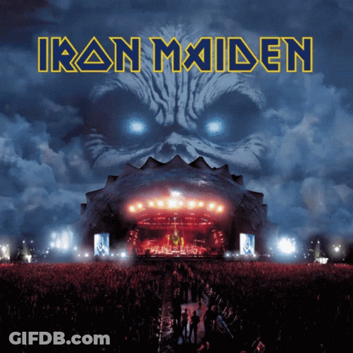 A Poster For Iron Maiden Shows A Crowd Of People Gathered In Front Of A Stage GIF