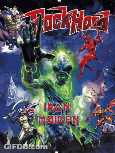 A Poster For Iron Maiden Shows A Skull With A Hand Up GIF