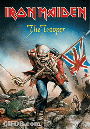 A Poster For Iron Maiden The Trooper With A Skeleton Holding A Flag GIF