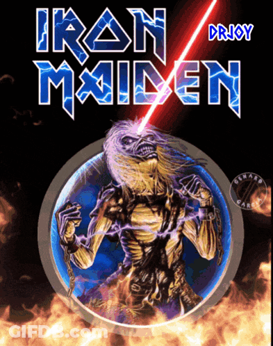 A Poster For Iron Maiden With A Picture Of A Skeleton GIF
