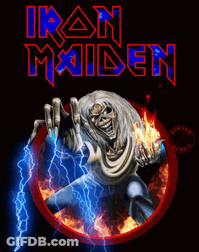 A Poster For Iron Maiden With A Skeleton Holding Fire And Lightning Bolts GIF