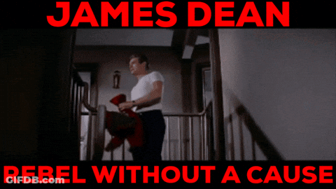 A Poster For James Dean Rebel Without A Cause With A Man On The Stairs GIF