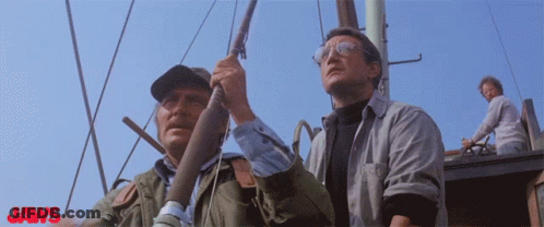 A Poster For Jaws Shows Two Men Fishing GIF