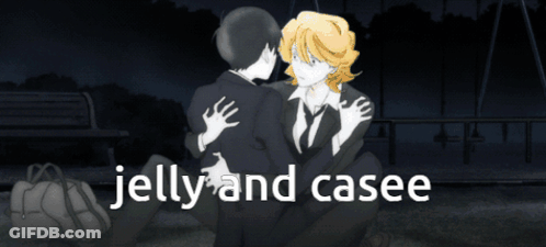 A Poster For Jelly And Casee Features Two People Hugging Each Other GIF
