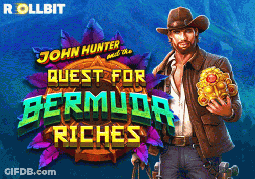 A Poster For John Hunter And The Quest For Bermuda Riches Shows A Man Holding A Treasure GIF