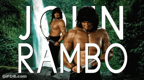 A Poster For John Rambo With A Man Holding A Knife GIF
