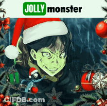 A Poster For Jolly Monster Shows A Green Monster In A Santa Hat GIF