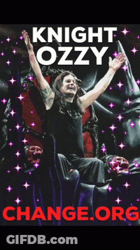 A Poster For Knight Ozzy Shows A Man Sitting On A Throne With His Arms In The Air GIF