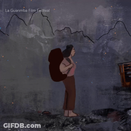 A Poster For La Guarimba Film Festival Shows A Woman Carrying A Backpack GIF