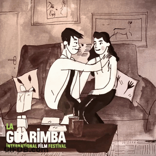 A Poster For La Guarimba International Film Festival Shows A Man And A Woman Sitting On A Couch GIF