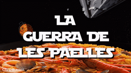 A Poster For La Guerra De Les Paelles With A Bowl Of Rice And Shrimp GIF