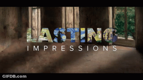 A Poster For Lasting Impressions Shows A Room With Paintings On The Walls GIF