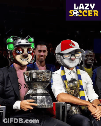 A Poster For Lazy Soccer Shows A Man Holding A Trophy Next To Another Man GIF