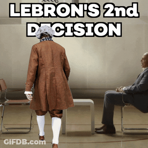 A Poster For Lebron 'S 2Nd Decision Shows A Man In A Brown Coat Walking Towards A Man In A Suit GIF