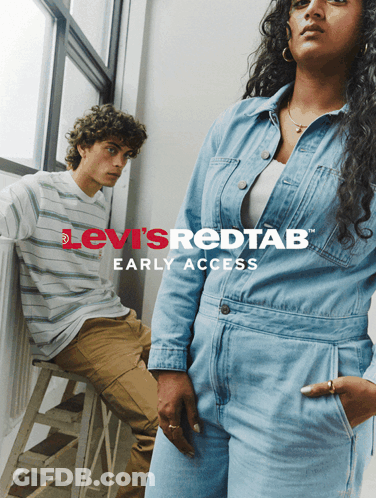 A Poster For Levi 'S Red Tab Early Access Shows A Man And A Woman GIF