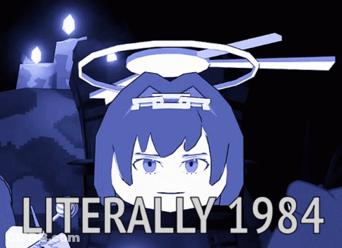 A Poster For Literally 1984 Shows A Girl With A Halo Around Her Head GIF