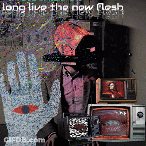 A Poster For Long Live The New Flesh Shows A Man Wearing A Video Camera GIF