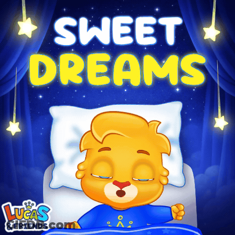 A Poster For Lucas & Friends With A Sleeping Bear And The Words Sweet Dreams GIF