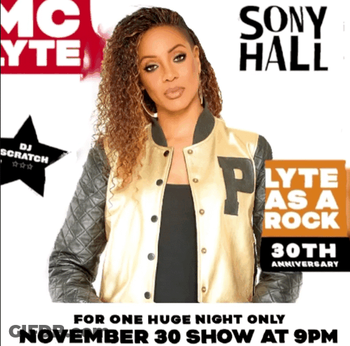 A Poster For Lyte As A Rock Shows A Woman In A Gold Jacket GIF