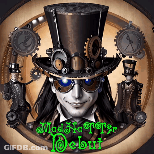 A Poster For Mad Hatter Debut Features A Man Wearing A Top Hat And Sunglasses GIF