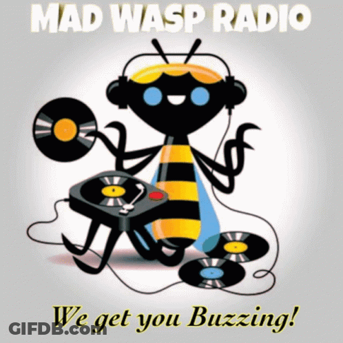 A Poster For Mad Wasp Radio Shows A Bee Playing Records GIF