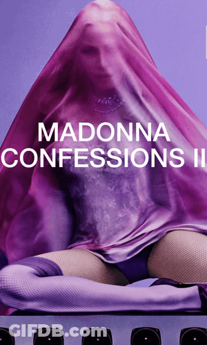 A Poster For Madonna 'S Confessions Ii Features A Woman In A Purple Dress GIF