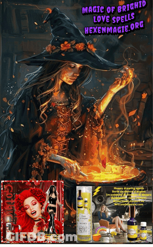 A Poster For Magic Of Bright Love Spells Shows A Witch Stirring A Pot GIF