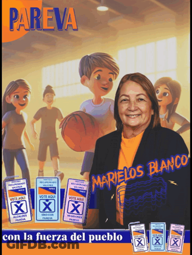 A Poster For Marielos Blanco Shows A Woman Holding A Basketball Surrounded By Children GIF