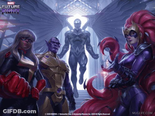 A Poster For Marvel Future Fight Shows A Group Of Superhero Characters GIF