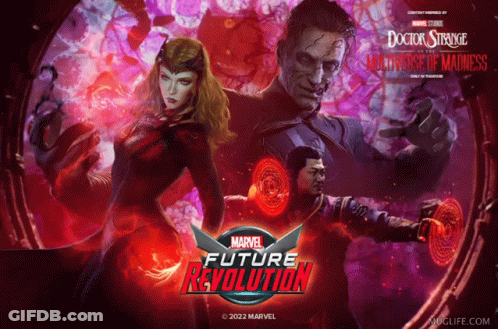 A Poster For Marvel Future Revolution Showing Doctor Strange Scarlet Witch And Doctor Strange GIF