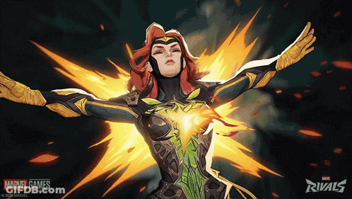 A Poster For Marvel Games Rivals Shows A Woman In A Superhero Costume GIF