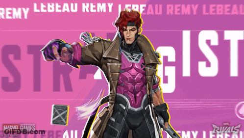 A Poster For Marvel Games Shows Gambit In A Purple And Brown Suit GIF