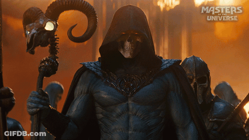 A Poster For Masters Of The Universe Shows A Man With A Skull On His Face GIF
