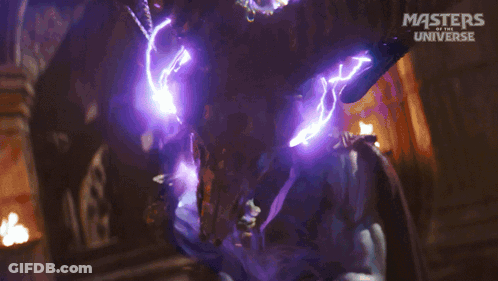 A Poster For Masters Of The Universe Shows A Purple Lightning Storm GIF