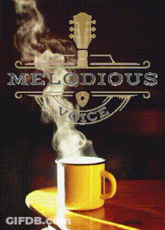 A Poster For Melodious Voice With A Cup Of Coffee On A Table GIF