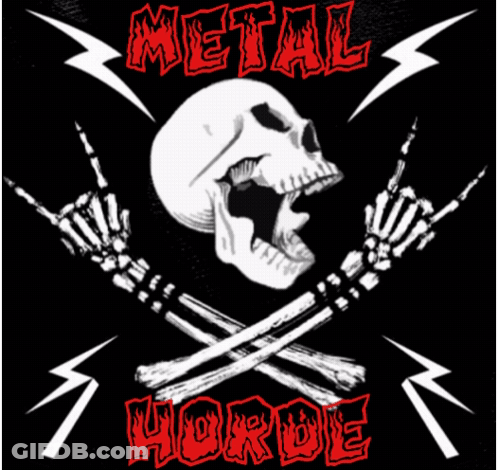 A Poster For Metal Horde With A Skull And Skeleton Hands GIF